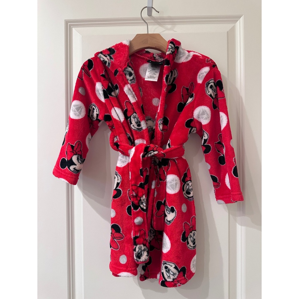 Disney Minnie Mouse Girls XS 4 Plush Fleece Hooded Robe Red Polka Dot